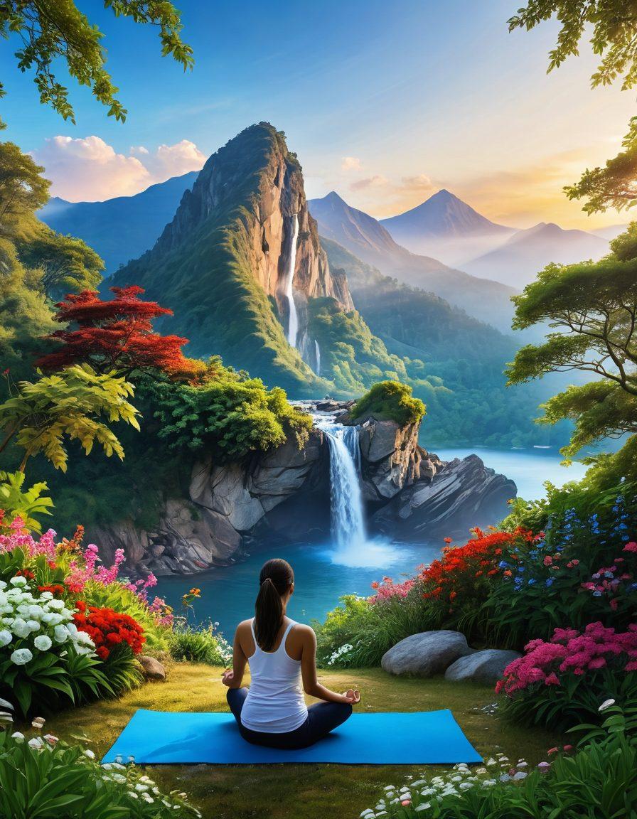 A serene landscape featuring a person meditating on a mountain top at sunrise, surrounded by lush greenery, flowers in bloom, and a clear blue sky. Include elements of balance such as a waterfall cascading in the background and symbols of healthy living like fruits and yoga mats. The colors should convey tranquility and positivity, inviting the viewer to embrace a blissful lifestyle. vibrant colors. super-realistic. white background.