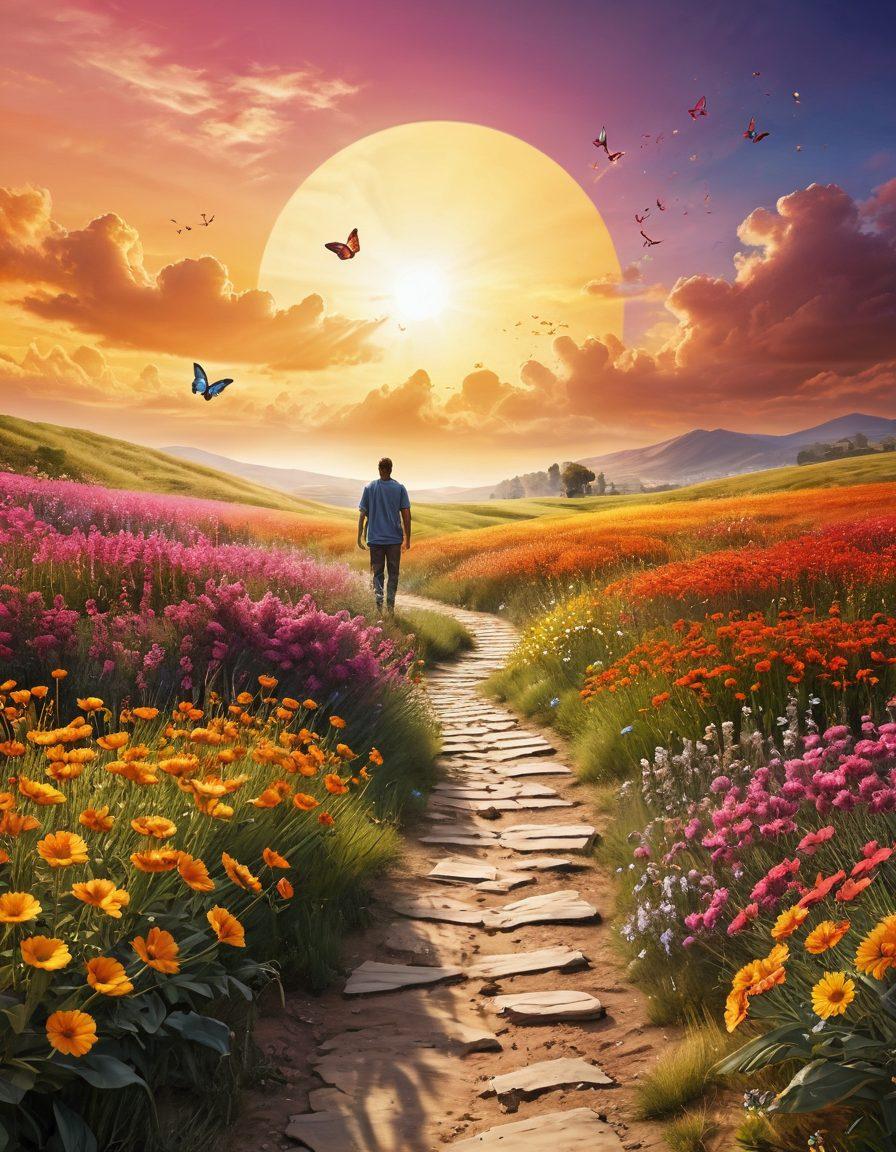 A serene landscape with a winding path leading through vibrant fields of flowers, symbolizing the journey to happiness. In the foreground, a wise coach figure giving a motivational talk to a group of diverse individuals, capturing different emotions of joy and realization. The sky is radiant with a gradient of warm colors, representing the transition from good vibes to euphoria. Add elements like butterflies fluttering around and a sun with beams illuminating the scene. super-realistic. vibrant colors. tranquil atmosphere.