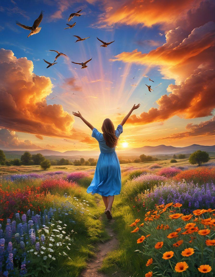 A serene landscape featuring a radiant sunrise over a peaceful meadow filled with colorful wildflowers. In the foreground, a joyful person is stretching their arms wide, embracing the new day with a bright smile. Soft, fluffy clouds float gently in the sky, while birds are soaring in the distance, symbolizing freedom and happiness. The overall atmosphere conveys a sense of tranquility and positivity. vibrant colors. super-realistic.